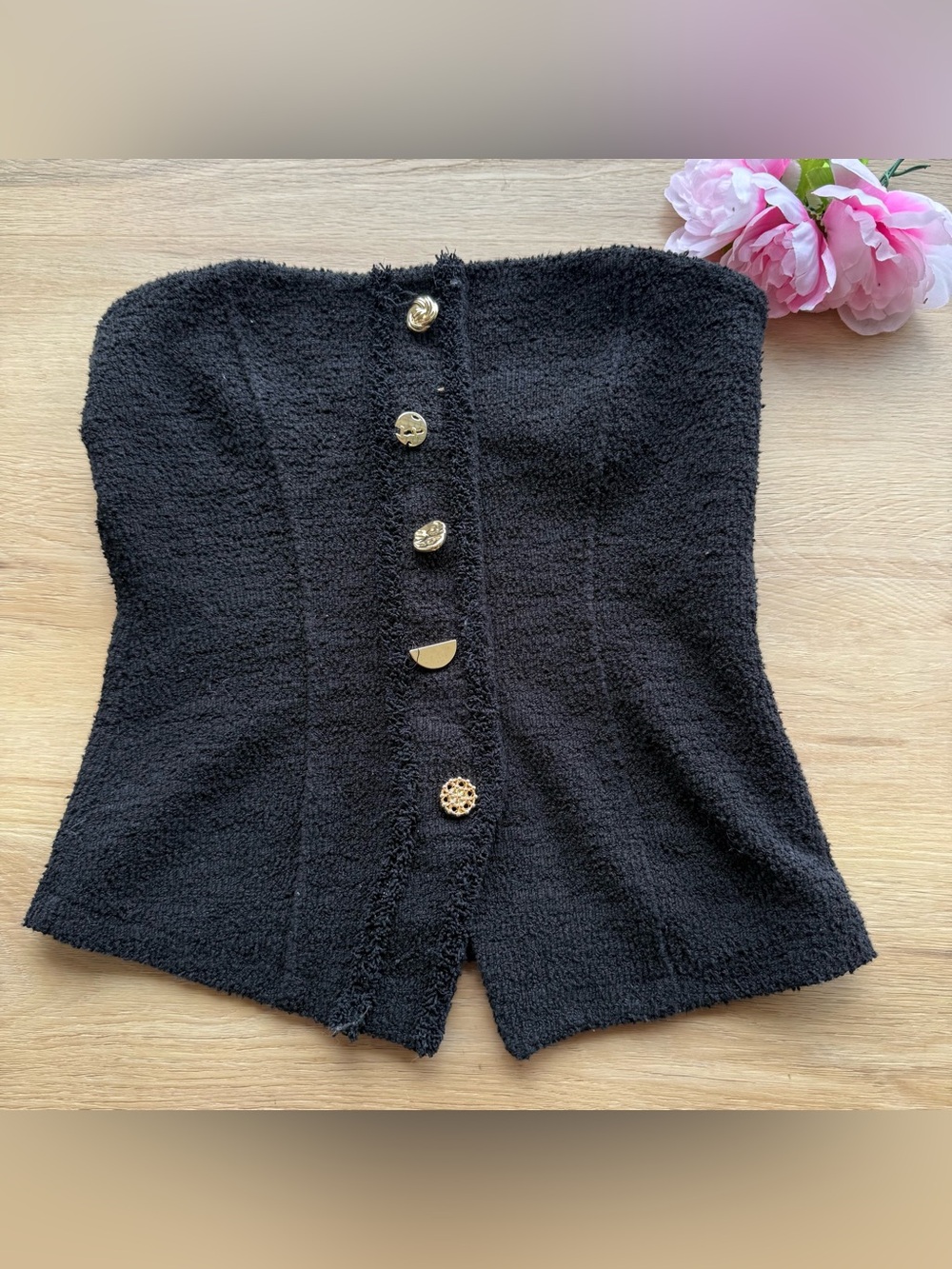 Zara Black Strapless Textured Sweater Top with Gold Buttons small knitted zipper